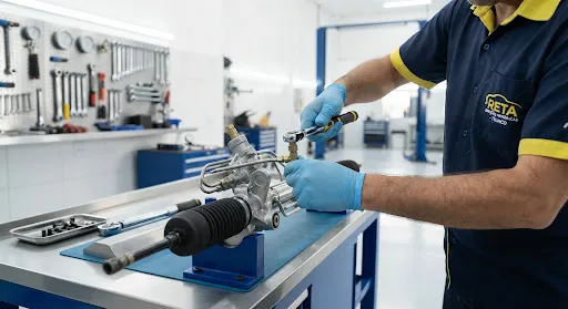 Mecânico especializado trabalhando em caixa de direção hidráulica em oficina profissional