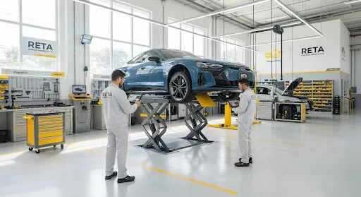 Oficina automotiva moderna com elevador hidráulico e equipe técnica especializada